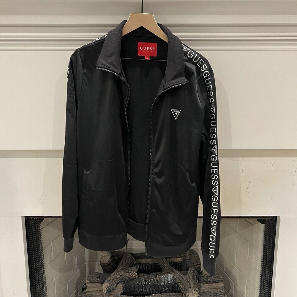 Guess Men's Jet Black Walt Logo Tape Mock Full Zip Fleece Jacket Sz M, Medium
